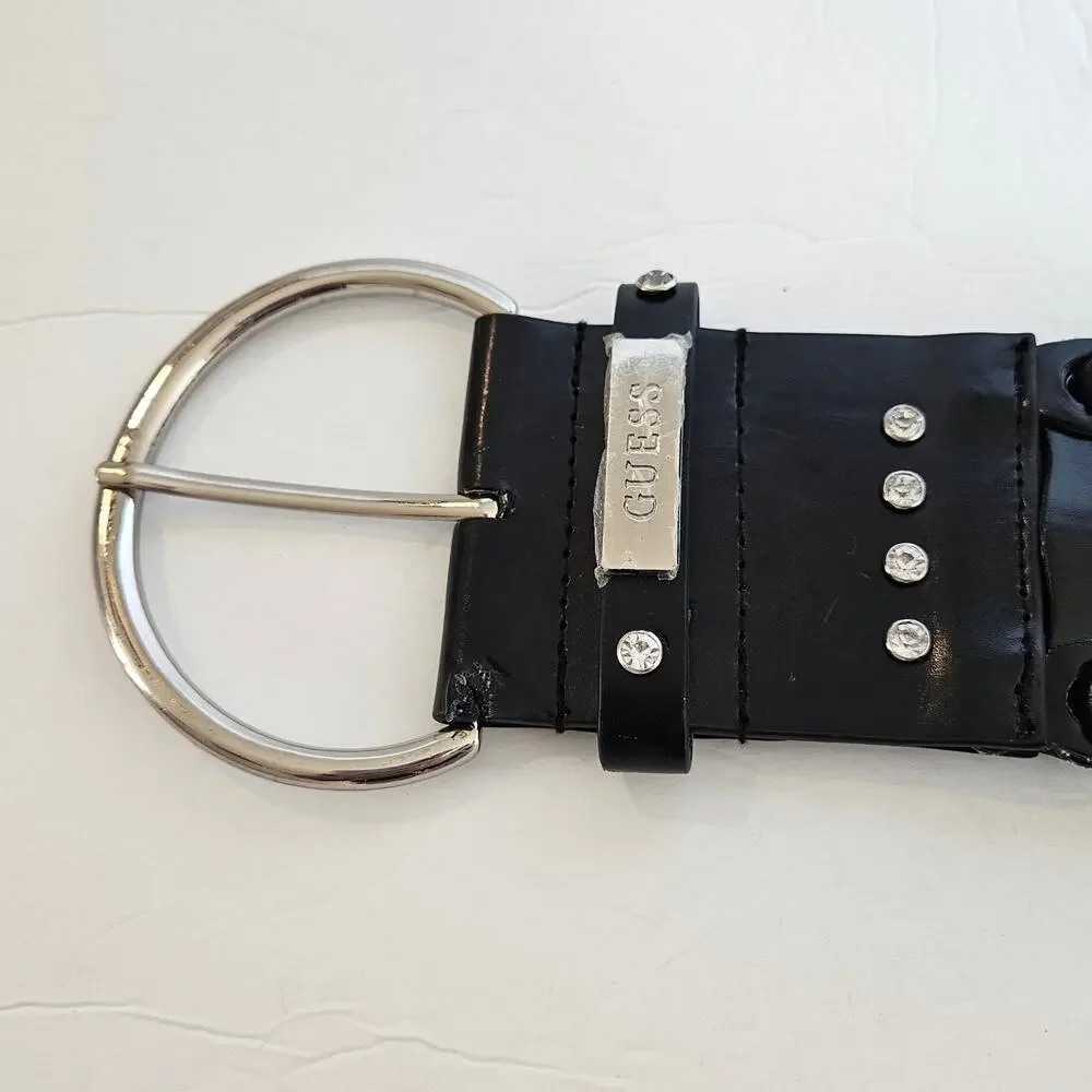 Guess Black Faux Leather Wide Belt Rhinestones Womens Medium Bold Goth Night Out
